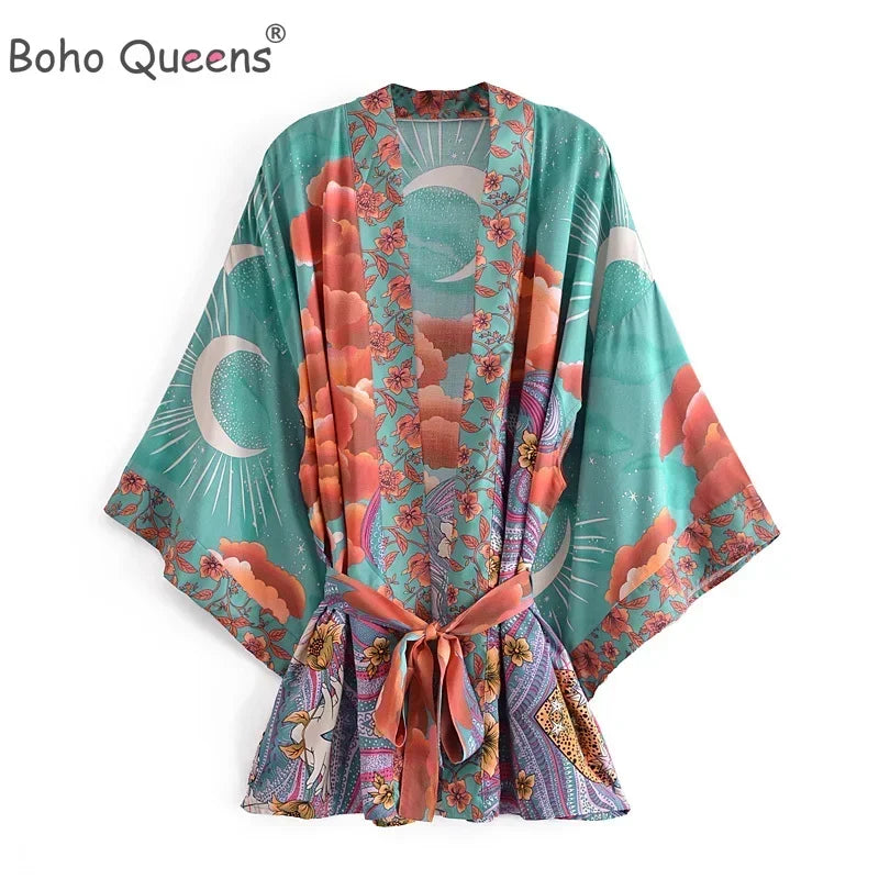 Boho Queens Women Floral Print Bat Sleeve Beach Bohemian