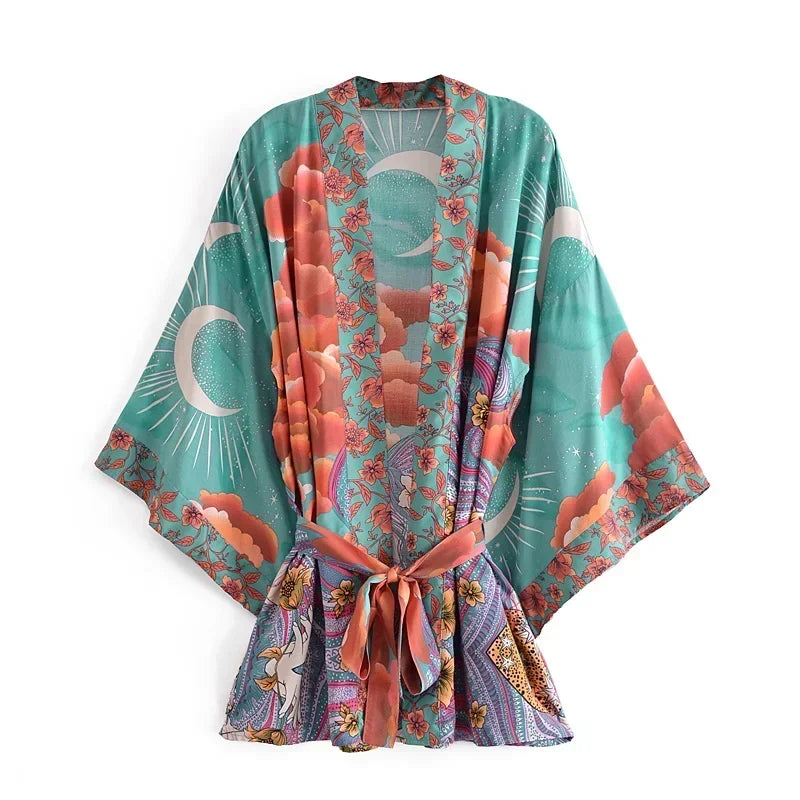 Boho Queens Women Floral Print Bat Sleeve Beach Bohemian