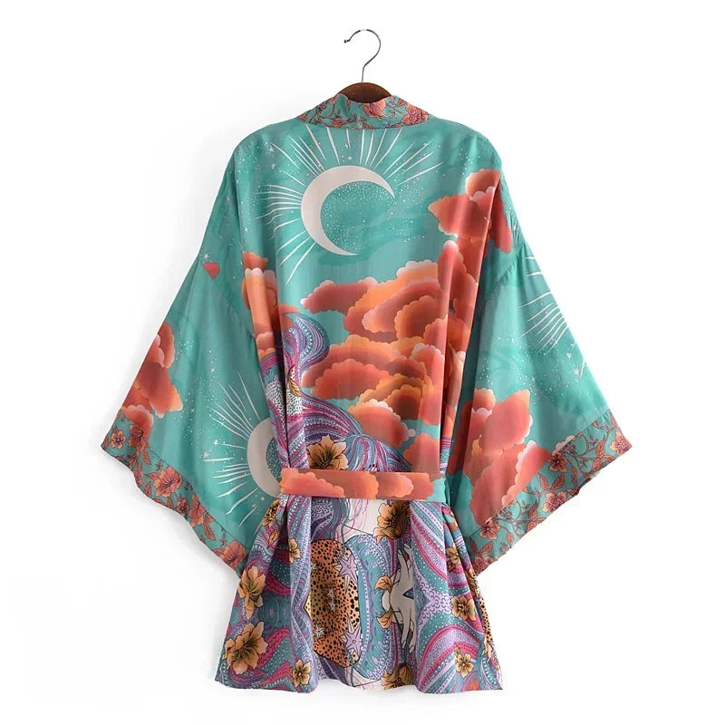 Boho Queens Women Floral Print Bat Sleeve Beach Bohemian
