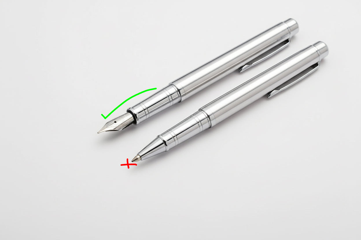 Two Jinhao pens with nib sizes displayed on a dark background